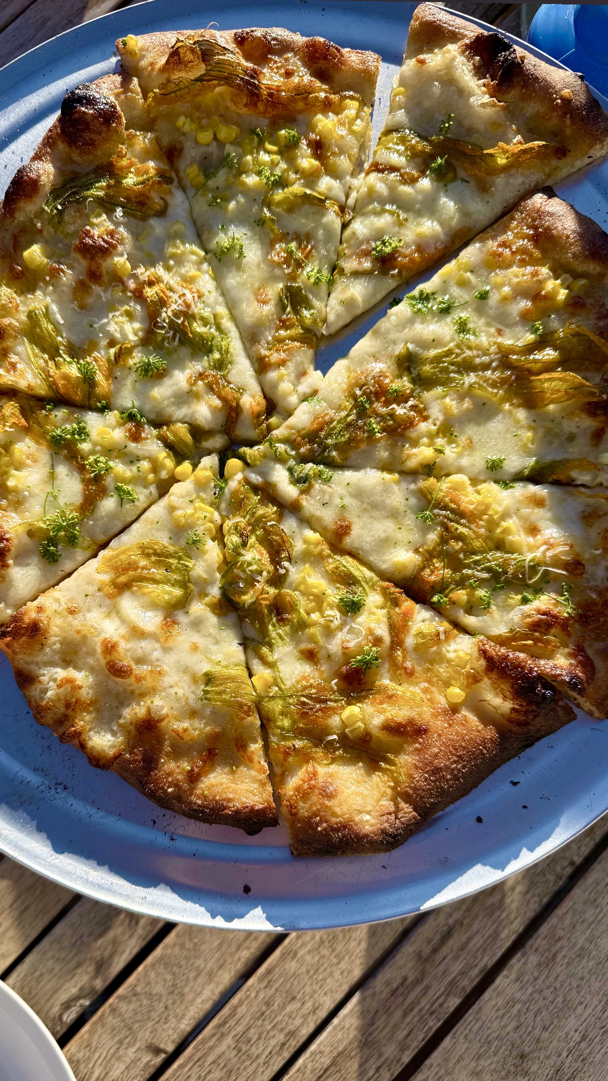 Sliced New Haven–style pizza with corn, squash blossom, and scallion on a blue plate, cut into uneven party-style pieces